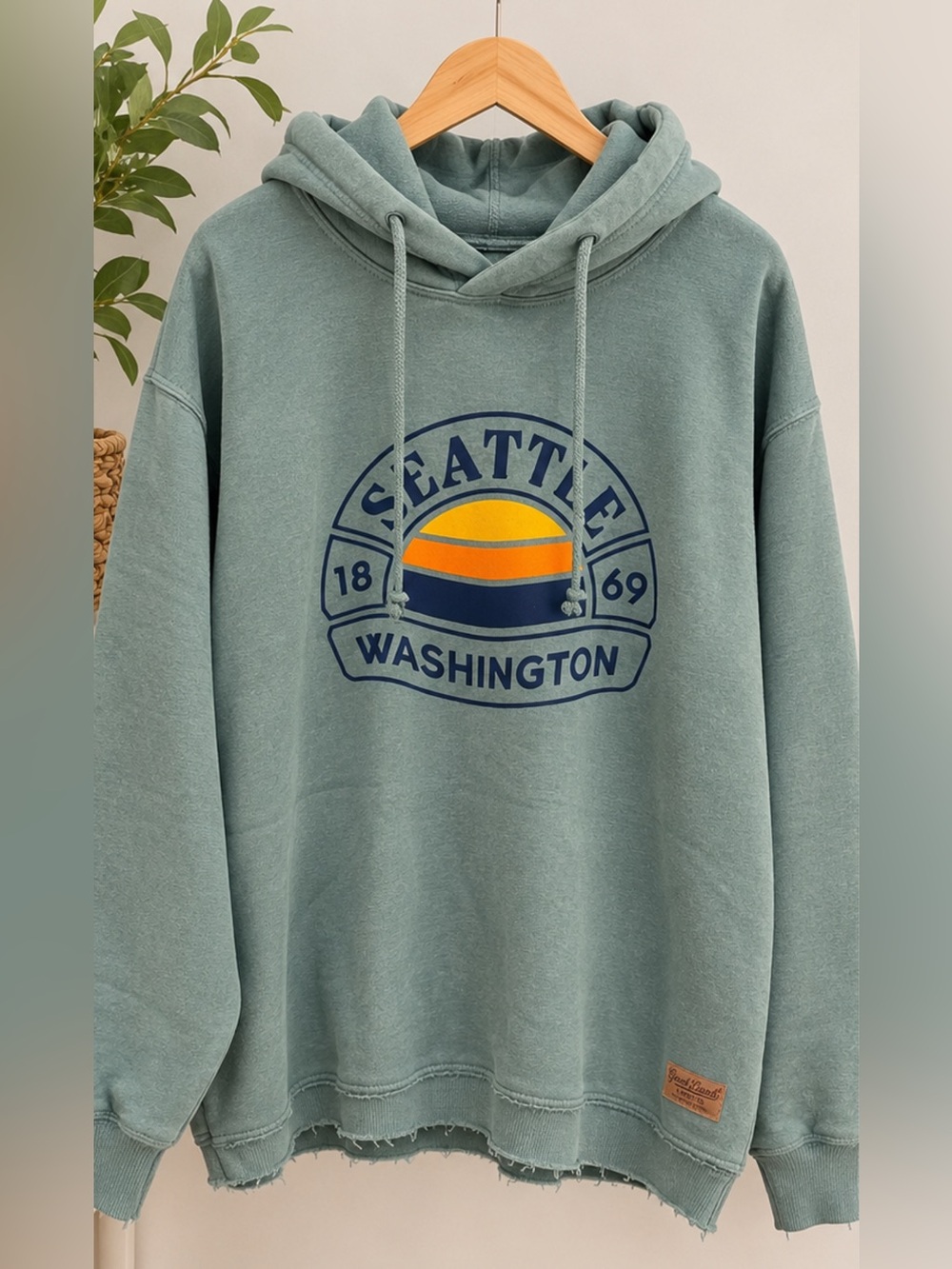 Good Land Sage Green Seattle Washington Hoodie with Sunrise Graphic